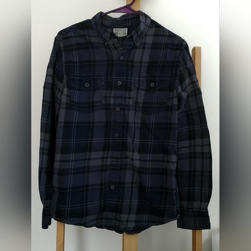 Converse One Star | Men's S | Navy/Blue Plaid Long Sleeve Button Down Flannel
